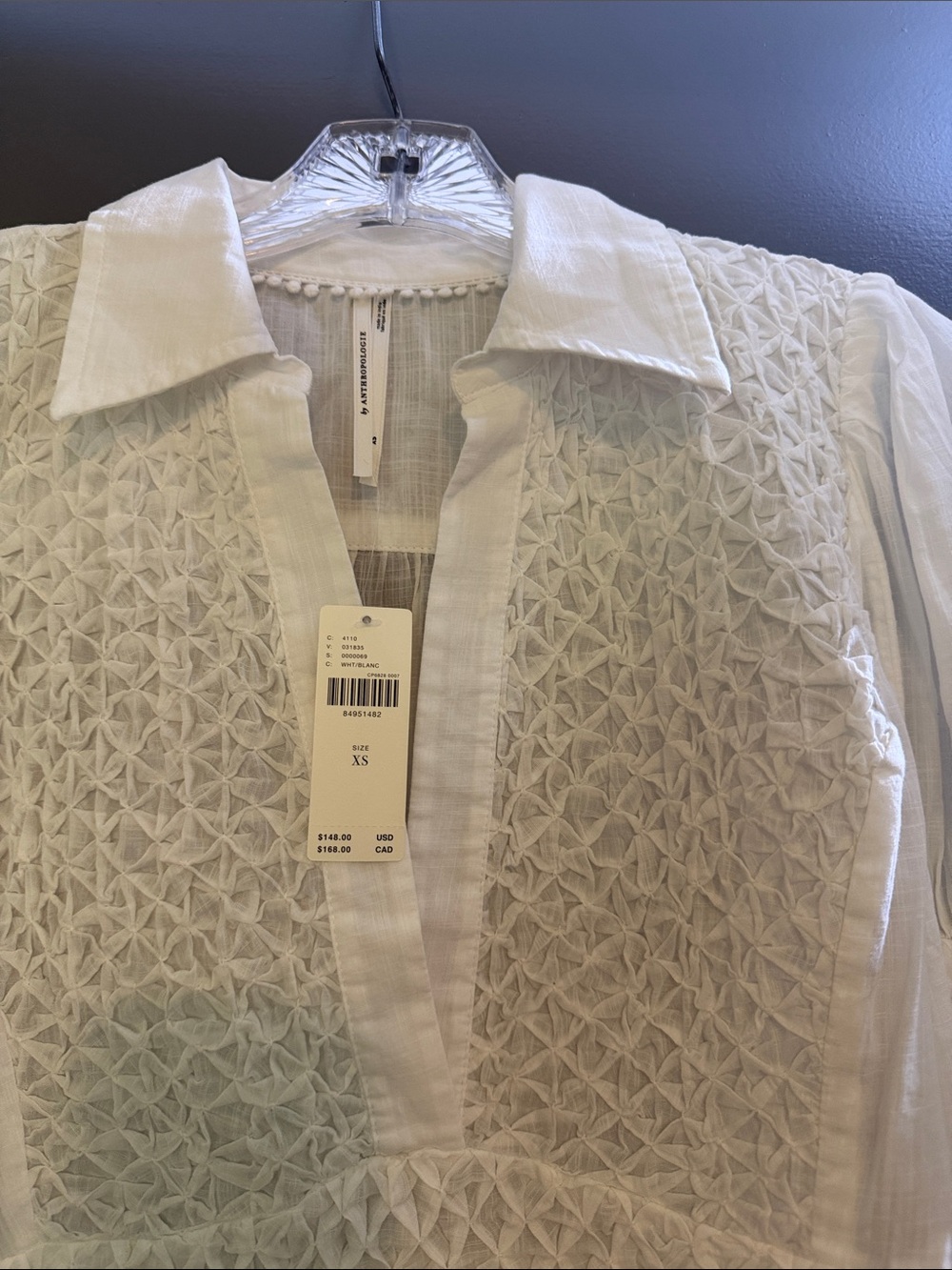 Anthropologie White Smocked Peasant Blouse with Collared V-Neck - Picture 2 of 3